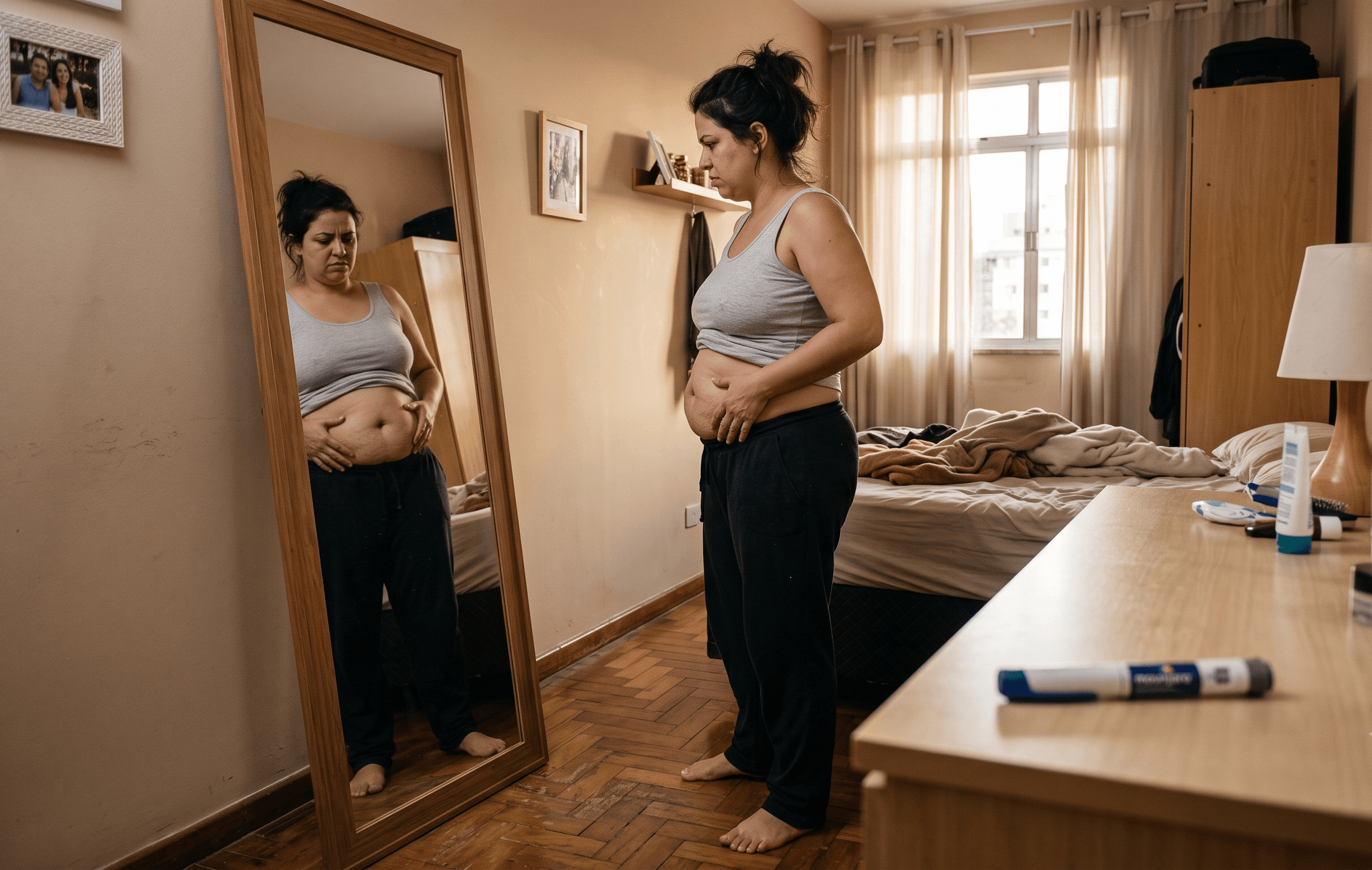 Mulher olhando a própria barriga refletida no espelho do quarto