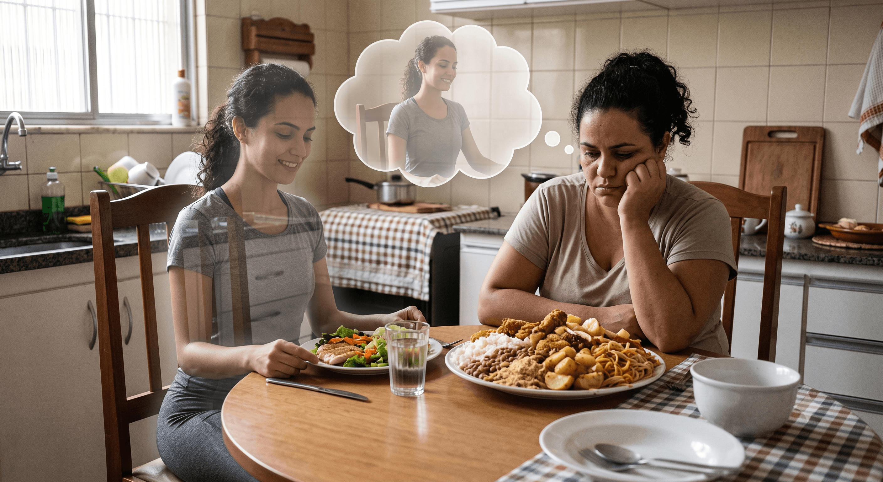 Duas mulheres almoçando juntas, uma comendo um prato equilibrado e a outra um prato pesado, refletindo sobre a diferença