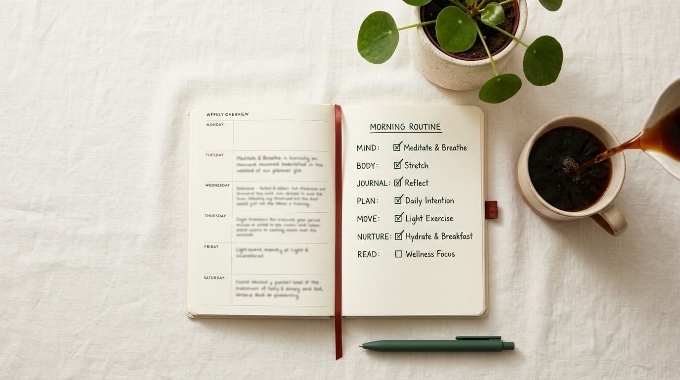 Planner semanal aberto com café, rotina organizada
