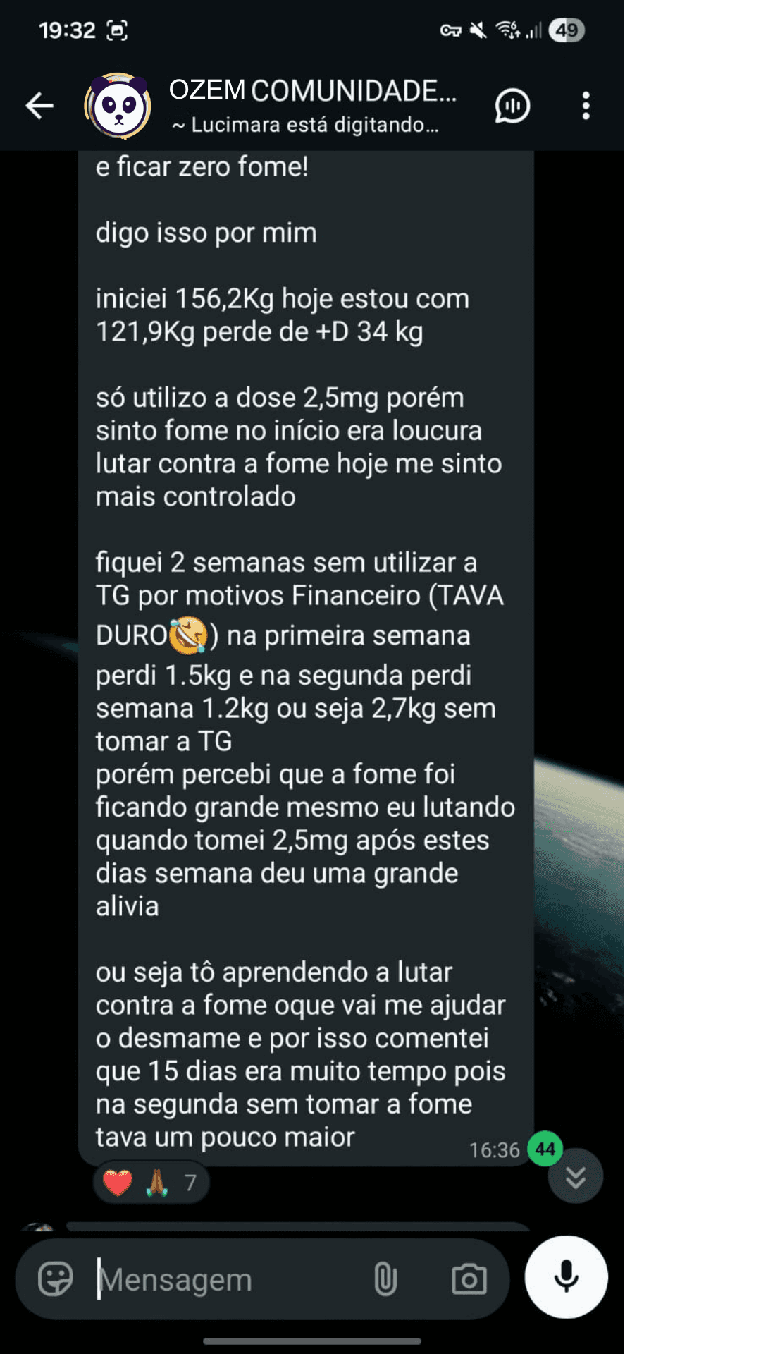 Print de mensagem da comunidade relatando perda de peso