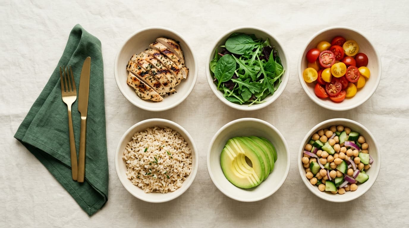 Ingredientes frescos organizados em porções