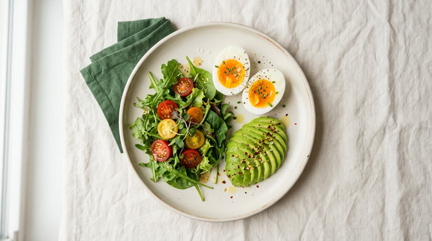 Prato equilibrado com ovos, abacate e vegetais