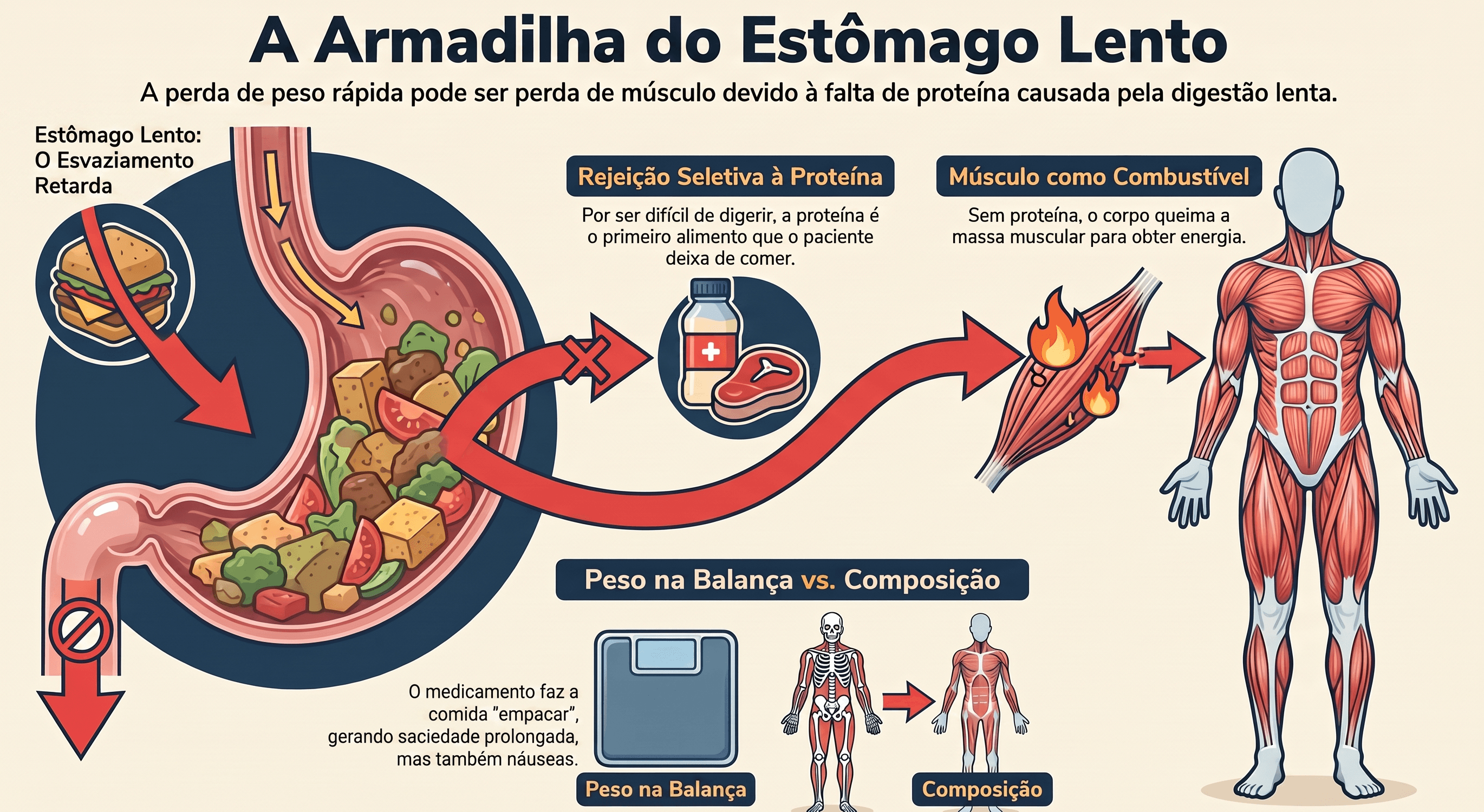 Infográfico: o ciclo do estômago lento, a rejeição à proteína e o consumo muscular como combustível