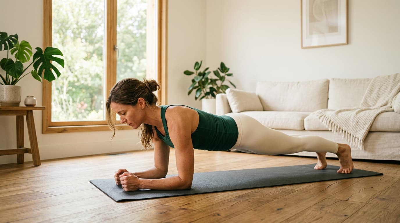 Mulher fazendo treino de força no tapete, em casa