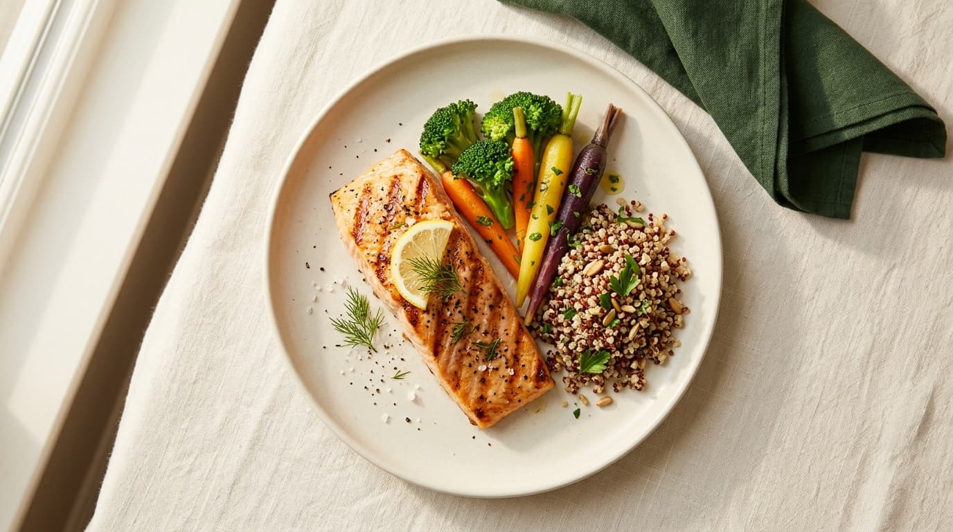 Prato leve com salmão, legumes e grãos